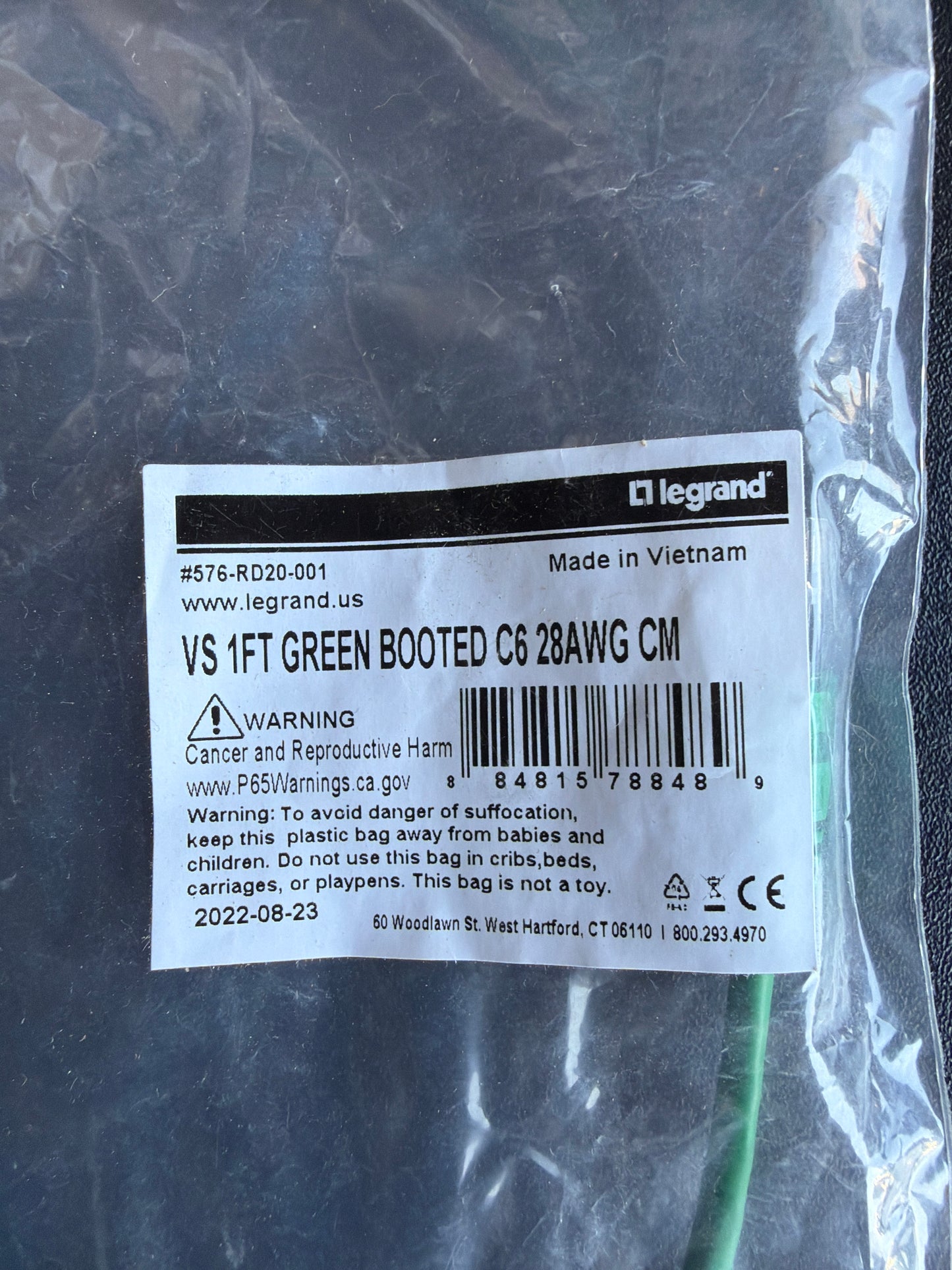 Legrand VS 1FT Green Booted Cat6 28AWG CM Patch Cable