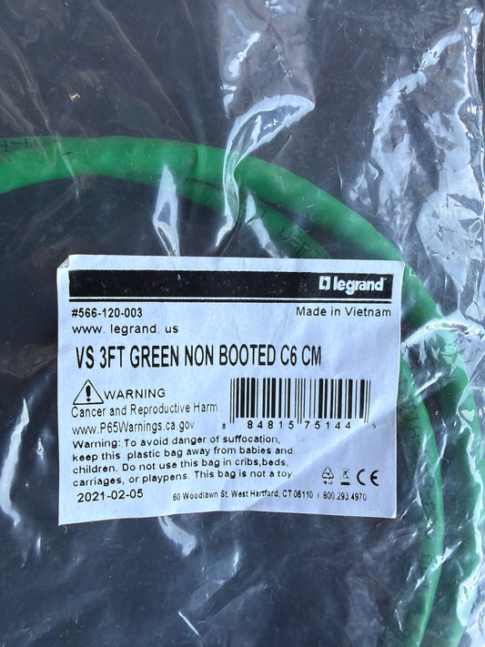 Legrand VS 3FT Green Non Booted Cat6 CM Patch Cable