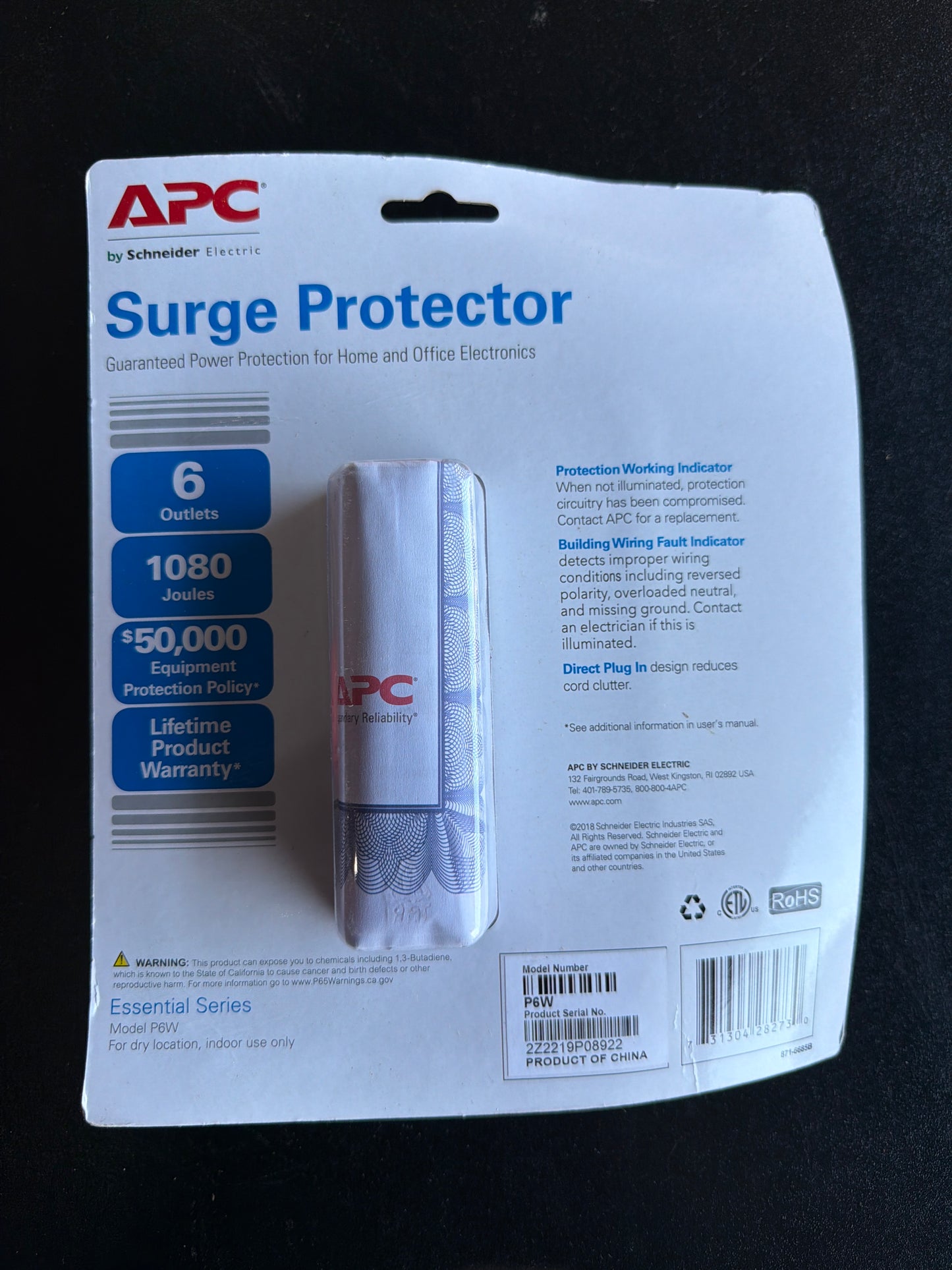 APC P6W Essential Series 6-Outlet Surge Protector 1080J