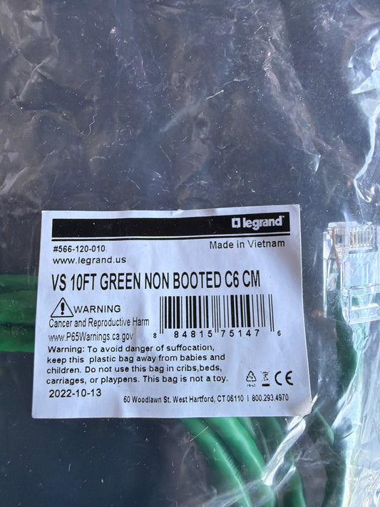Legrand VS 10FT Green Non Booted Cat6 CM Patch Cable