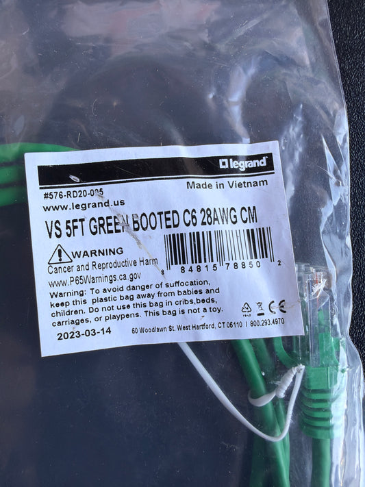 Legrand VS 5FT Green Booted Cat6 28AWG CM Patch Cable