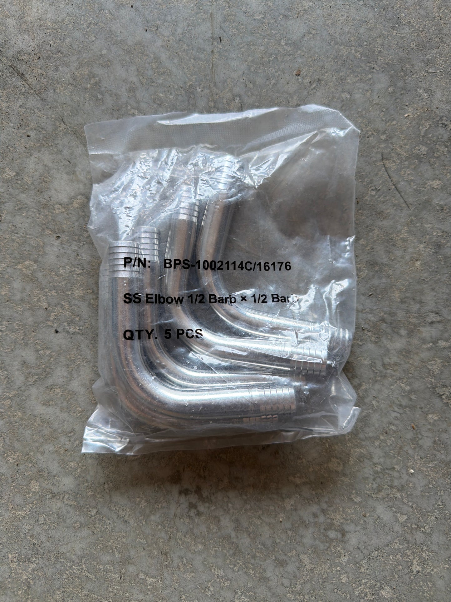 BPS-1002114C/16176 Stainless Steel Elbow 1/2 Barb x 1/2 Barb - 5 Pack