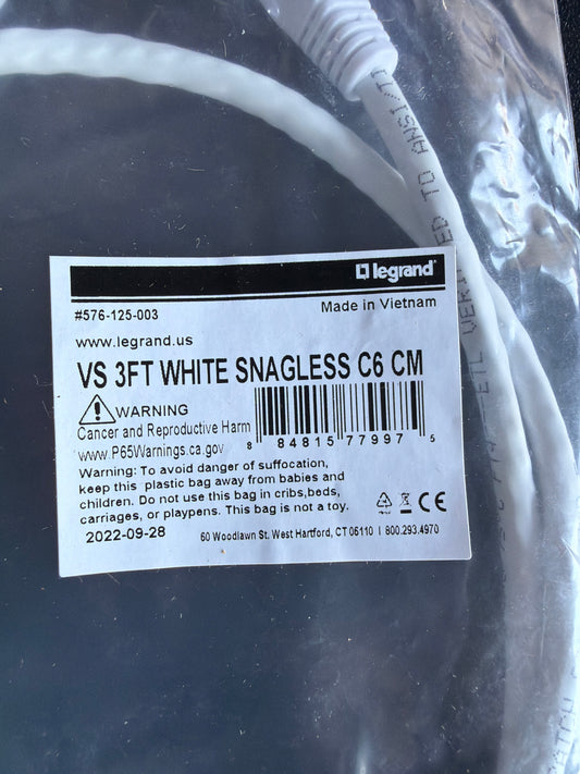 Legrand VS 3FT White Snagless Cat6 CM Patch Cable